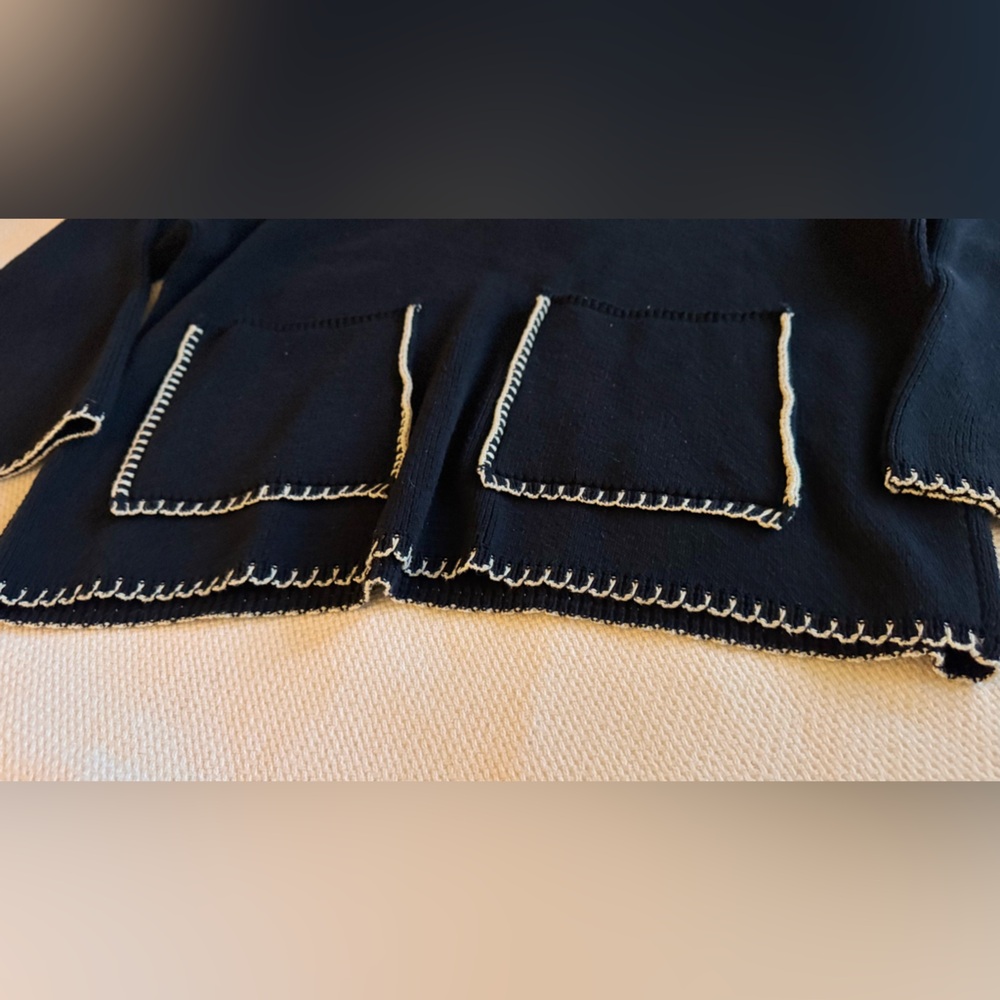 ZARA Woven Heavy Sweater Navy Knit Top w White Stitching Front Pockets V-neck - Picture 8 of 15